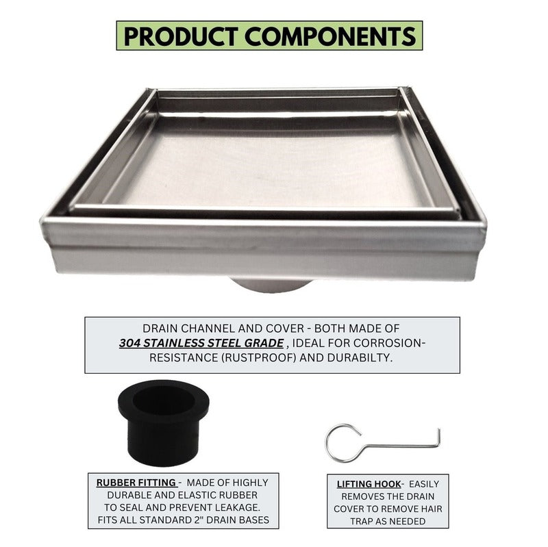 SereneDrains Square Shower Drain Tile Insert Brushed Stainless 6