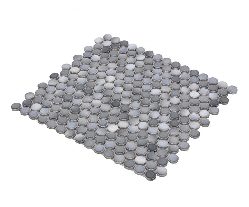 Mosaic Handmade Porcelain Penny Round - Blue Grey Glossy