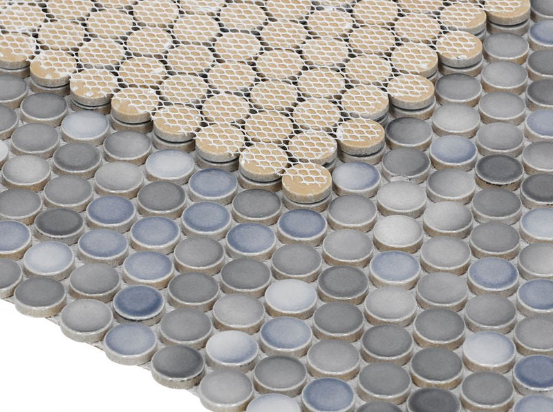 Mosaic Handmade Porcelain Penny Round - Blue Grey Glossy