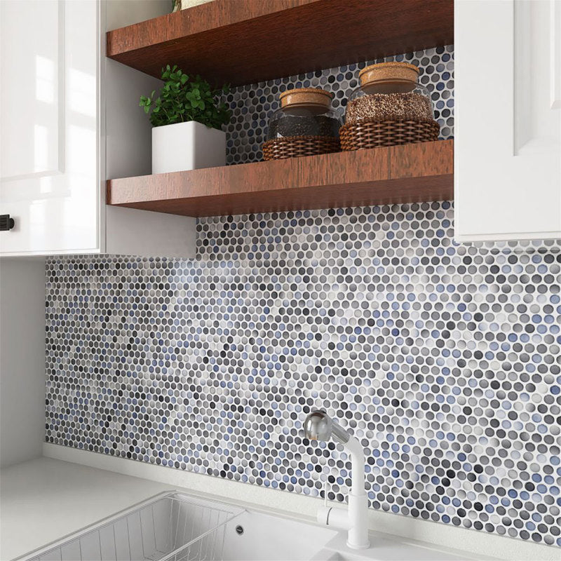Mosaic Handmade Porcelain Penny Round - Blue Grey Glossy