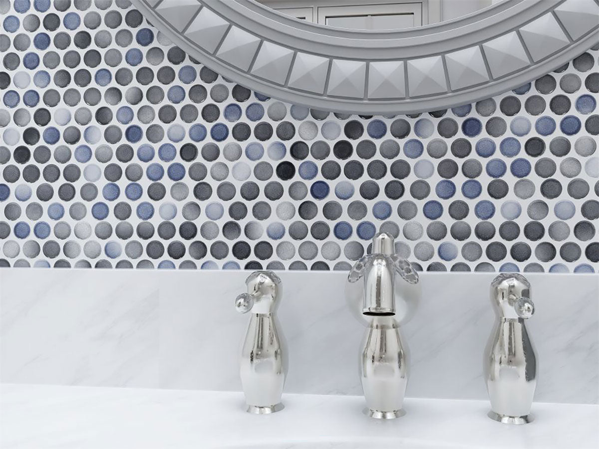 Mosaic Handmade Porcelain Penny Round - Blue Grey Glossy