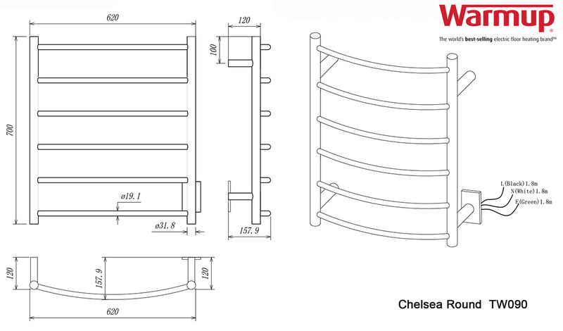 WarmUp Electric Towel Warmers - Chelsea Curve n Round HTR-090PC