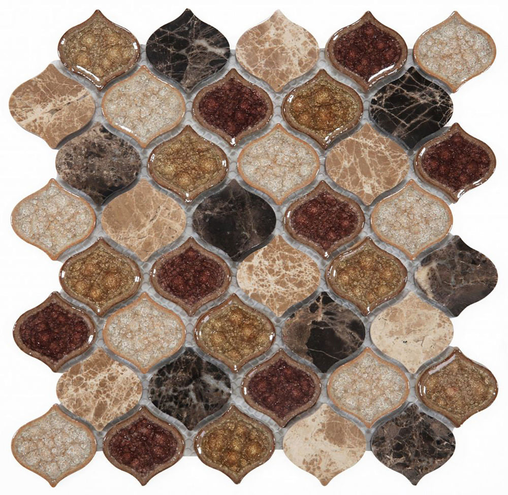 Mosaic Crackle Glass n Marble Tile Arabesque Shape - Cappuccino