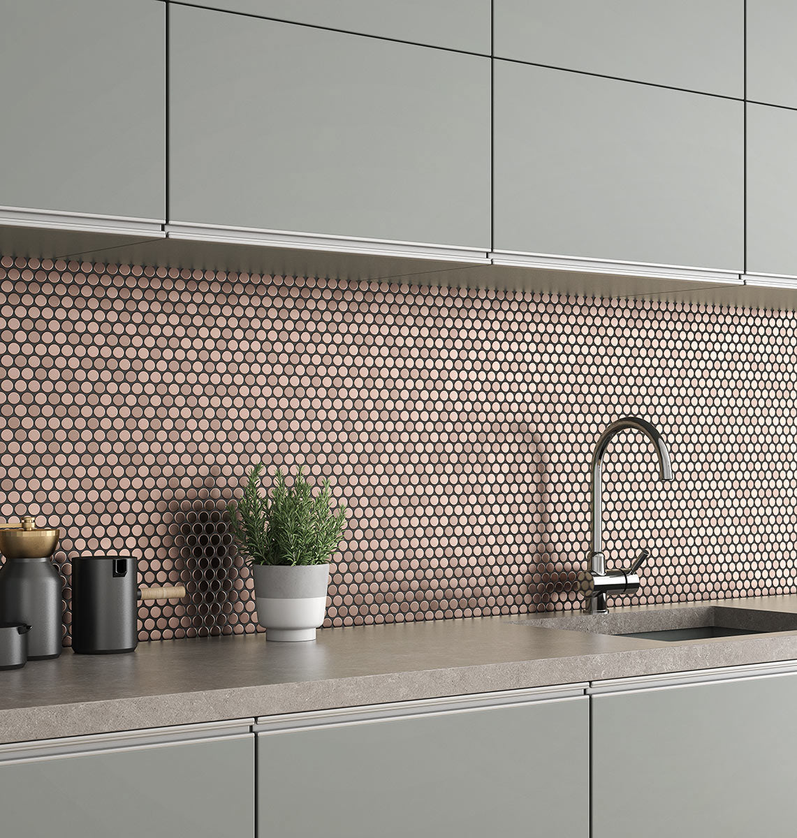 Mosaics Metal Tile Penny Round Rose Gold