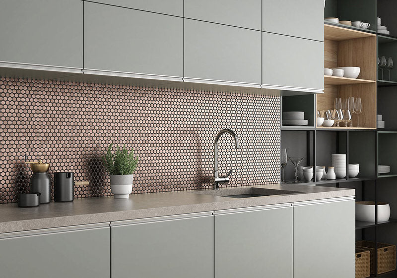 Mosaics Metal Tile Penny Round Rose Gold