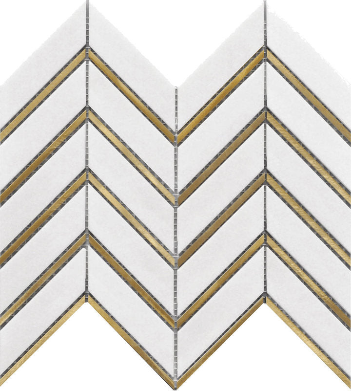 Mosaic Narrow Tassos White Marble with Metal - White Gold