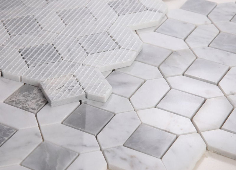 Mosaics Carrara n Bardiglio Marble Hexagon Pattern - Grey White