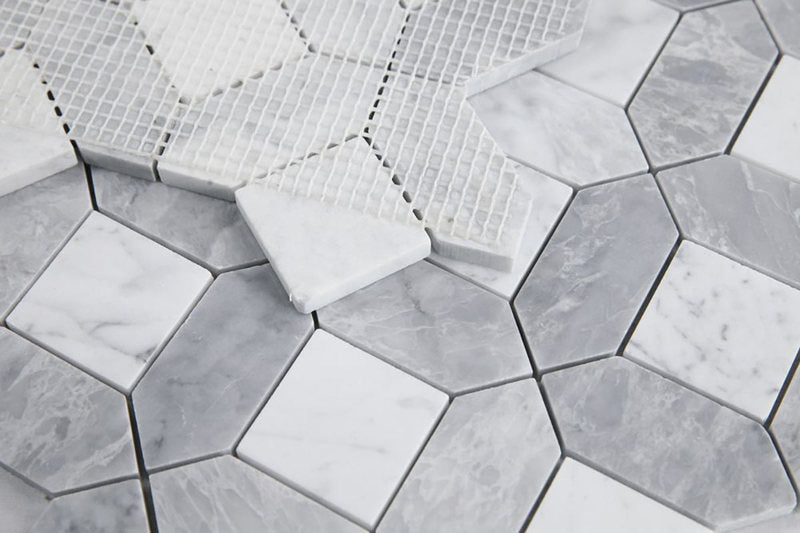 Mosaics Carrara and Bardiglio Marble Hexagon Pattern - Dusk