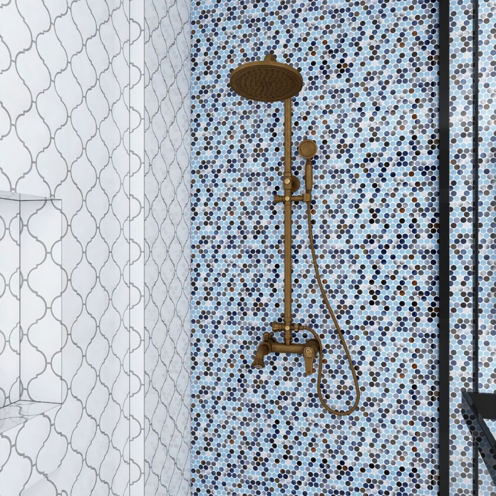 Mosaic Handmade Porcelain Penny Round - Blue Grey Brown