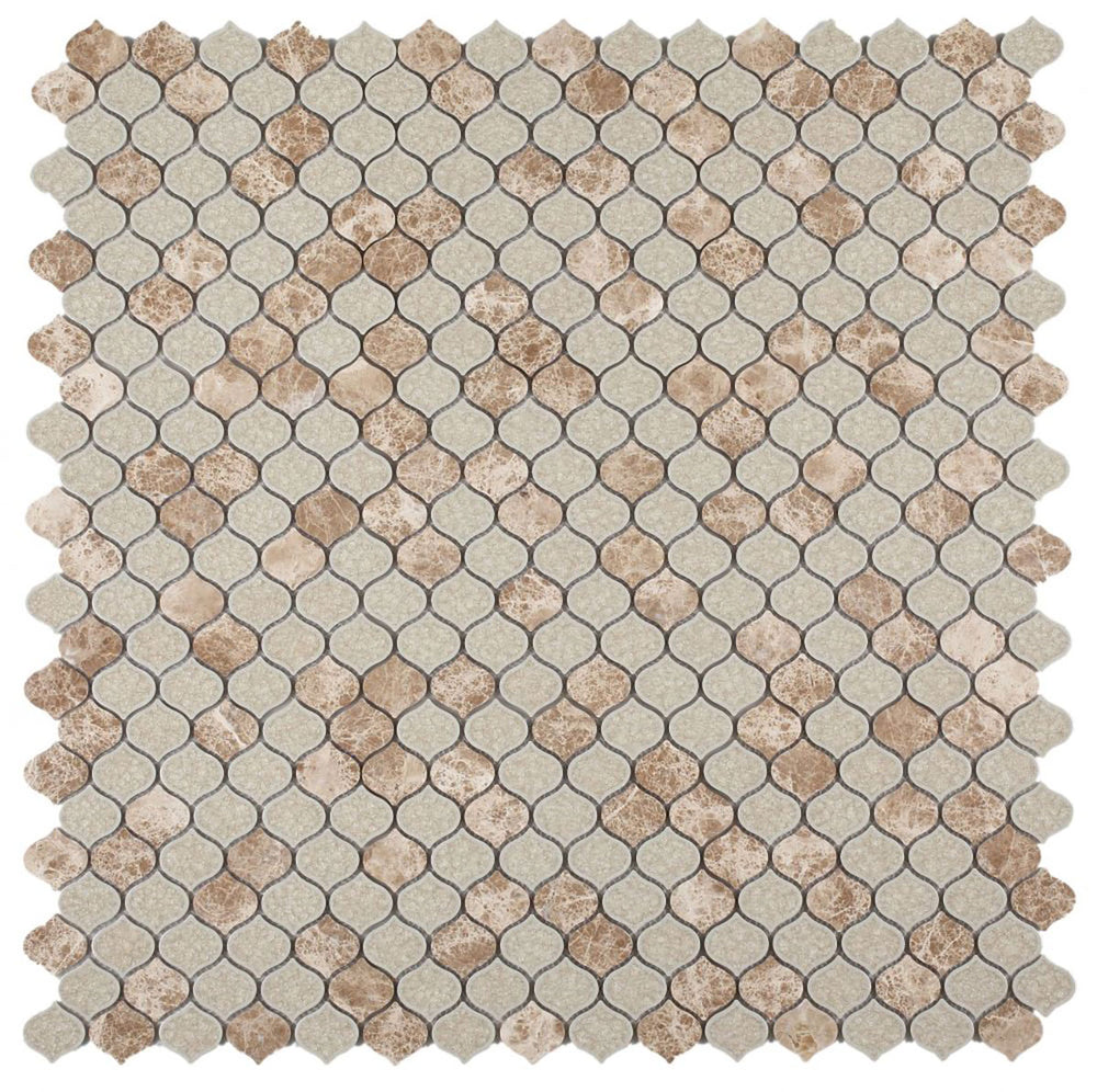 Mosaic Crackle Glass and Marble Tile Arabesque Shape - Emperador