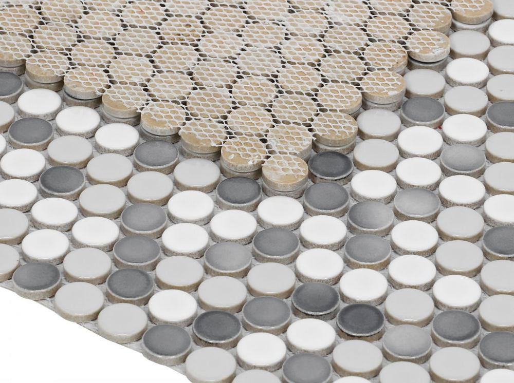Mosaic Handmade Porcelain Penny Round - Mix Grey Glossy