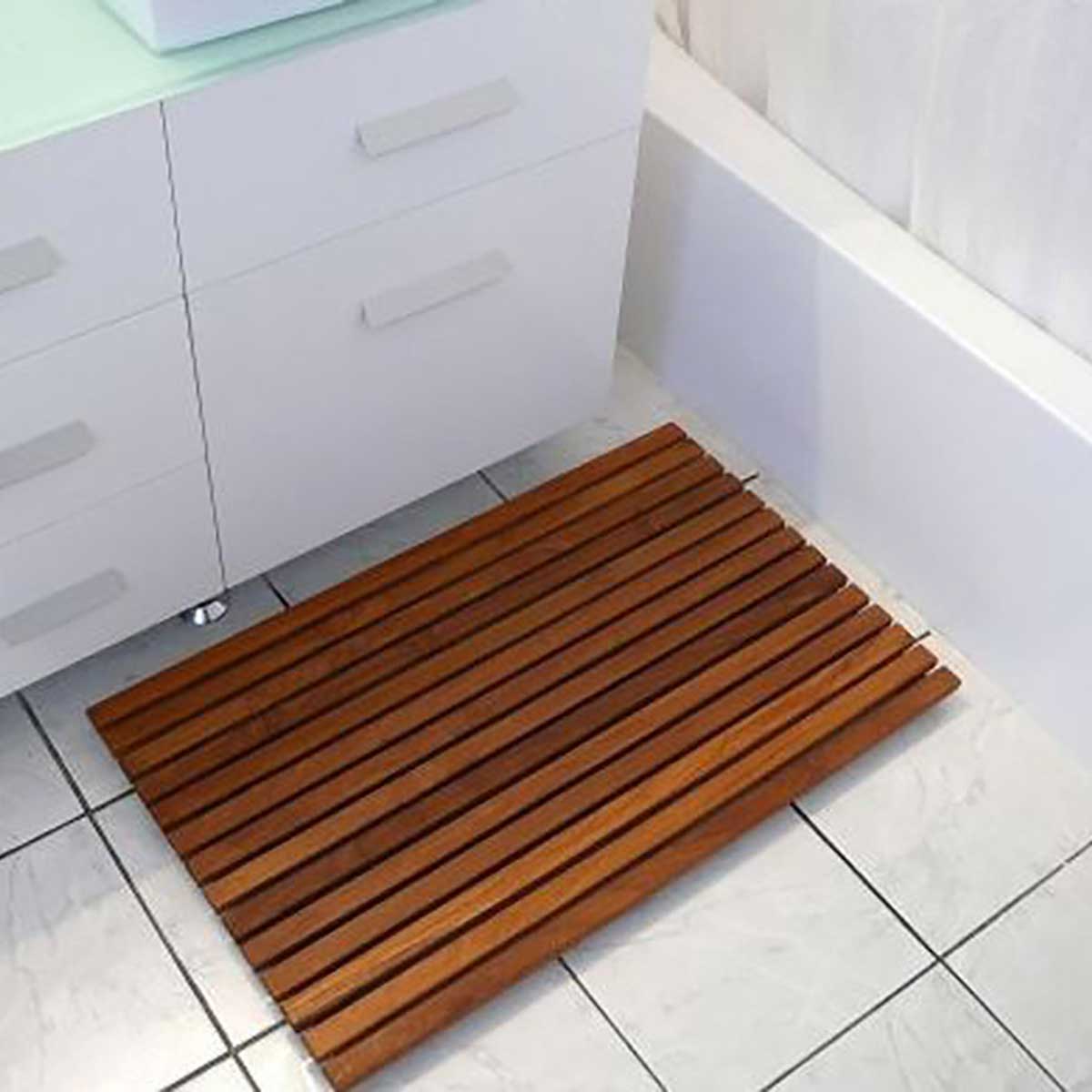 African teak shower mat in modern bathroom
