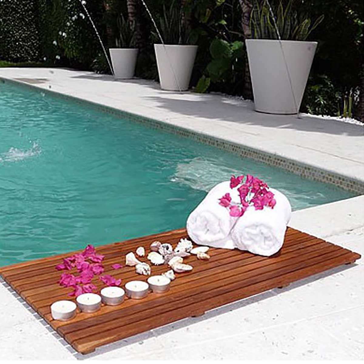 African teak wood mat by swimming pool