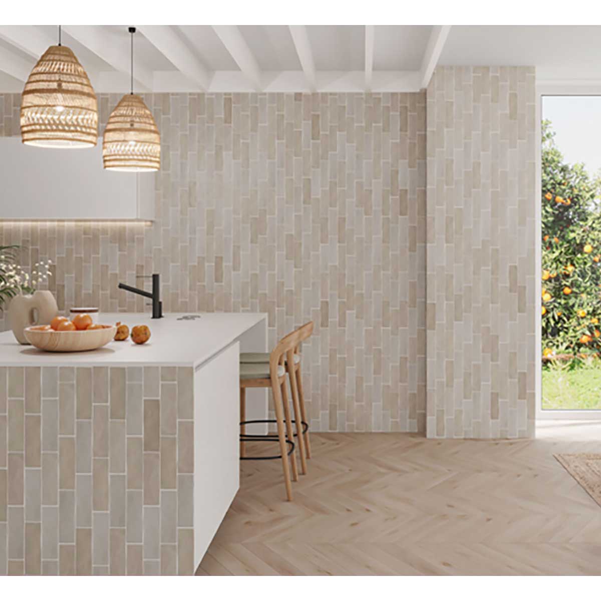 Interior of modern Mexican Living Room with Cafe 2.5x8 Matte Ceramic Wall Tile