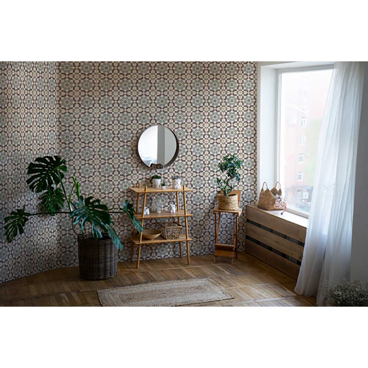 Room interior with patterned and Alhambra Series Layla 8x8 Deco Porcelain Tile, wooden shelves, and plants.