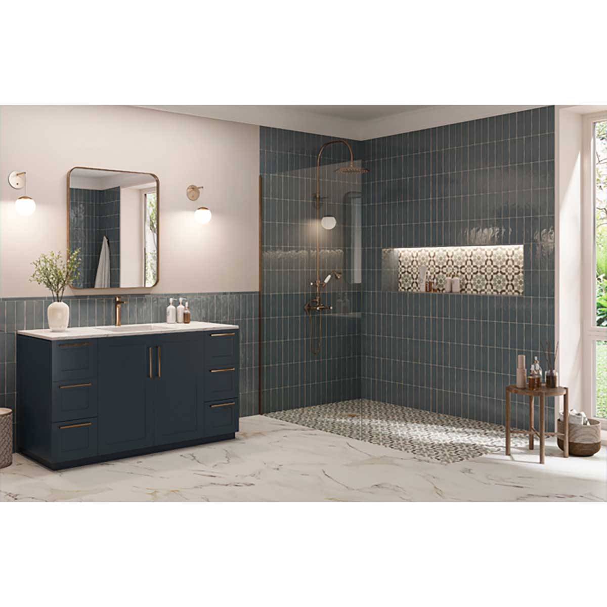 Modern bathroom with dark blue tiles and and Alhambra Series Layla 8x8 Deco Porcelain Tile, a vanity, and shower area.