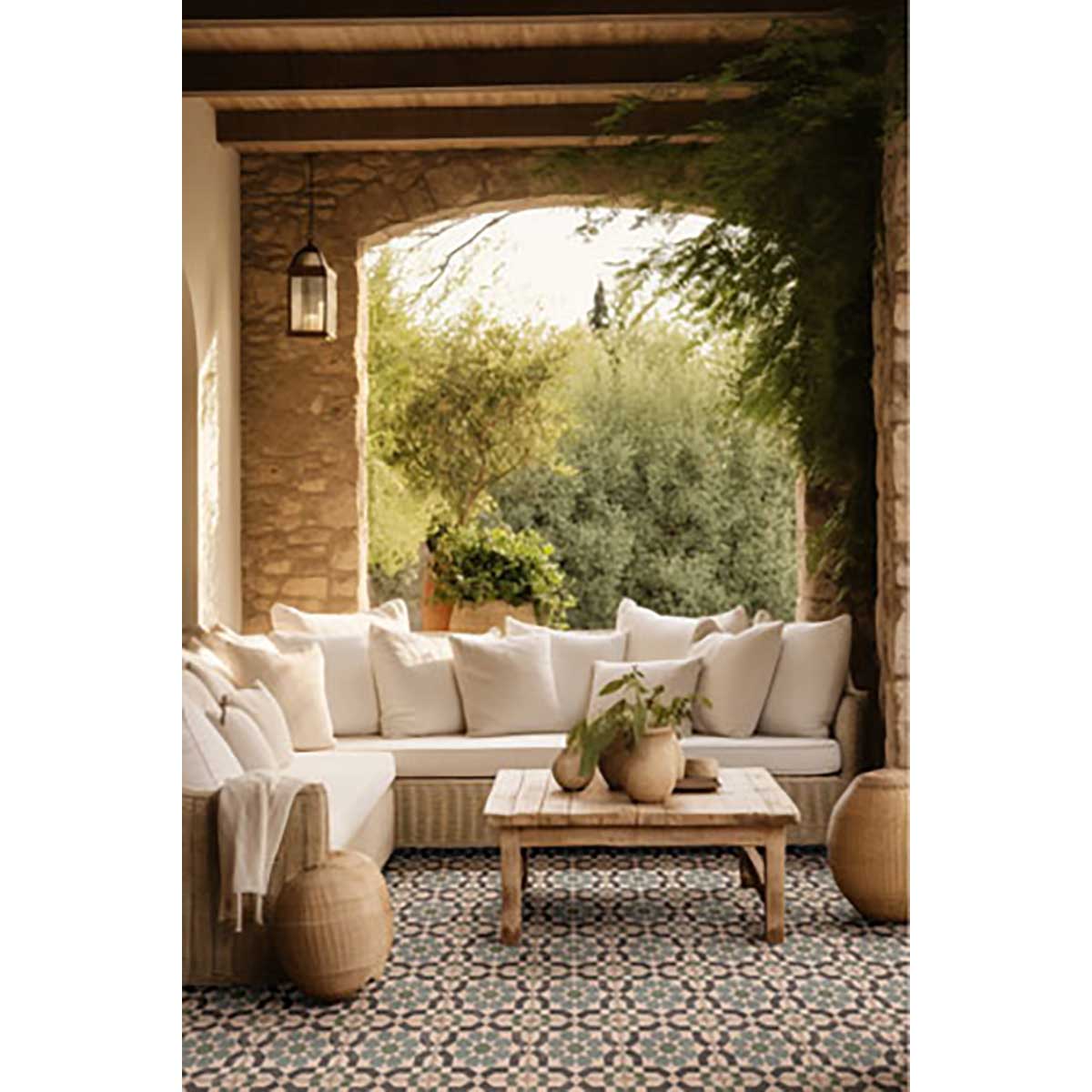 Outdoor patio with a sectional sofa, coffee table, and and Alhambra Series Layla 8x8 Deco Porcelain Tile