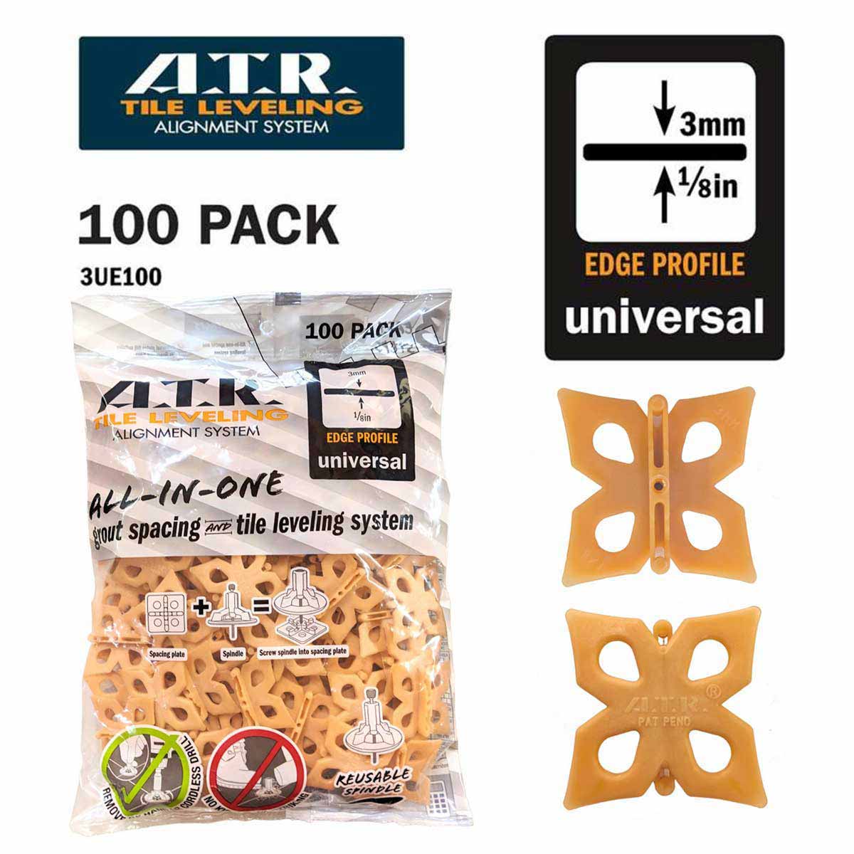 ATR Tile Leveling System 3mm Straight Edge Profile Spacers Pack of 100