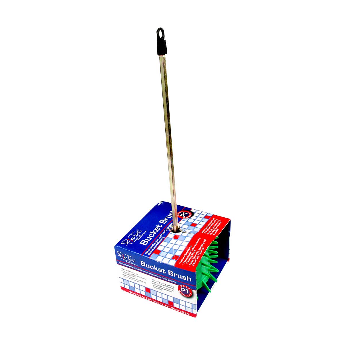 contractor using bucket brush to clean tile mixing bucket