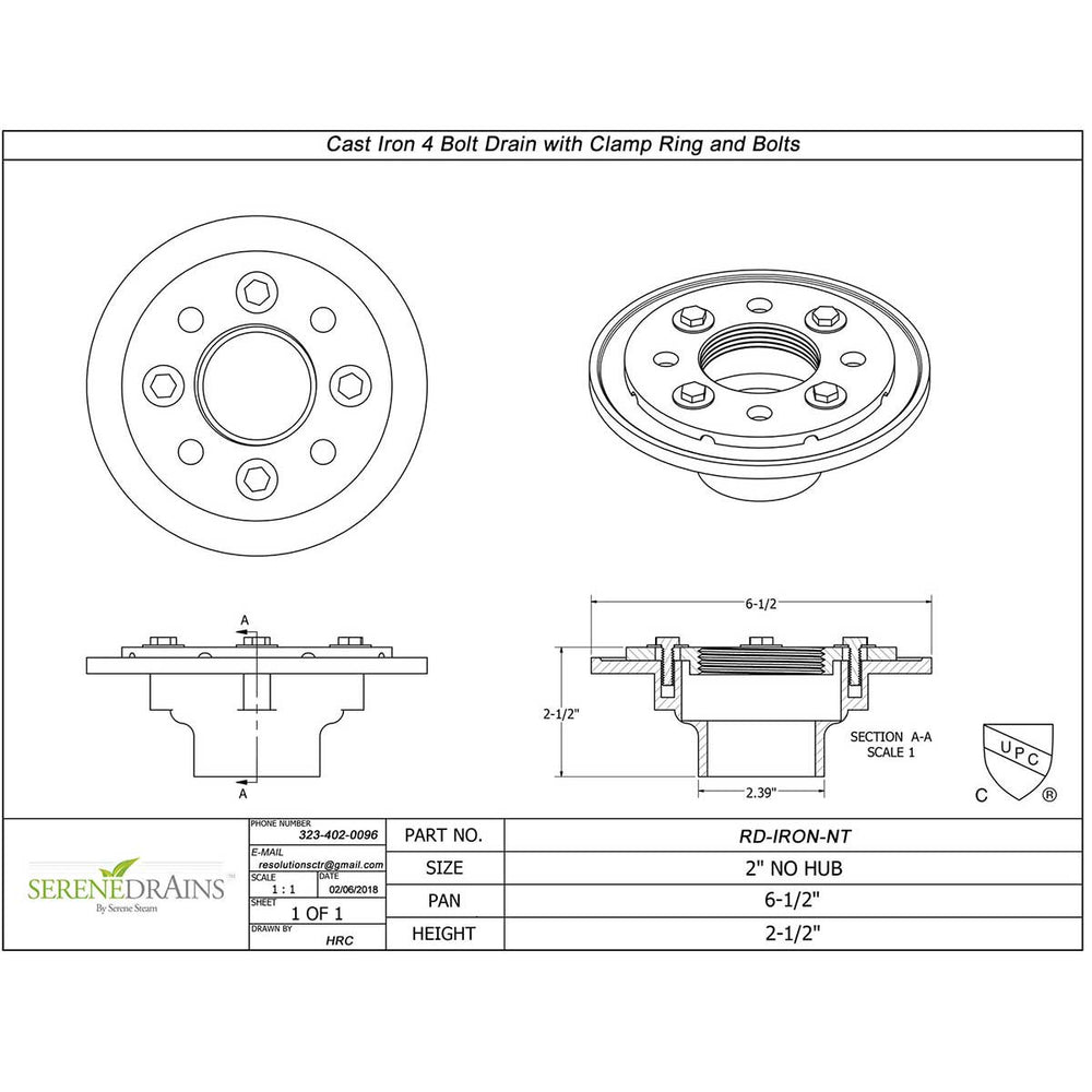 SereneDrains Cast Iron 4 Bolt Drain Base with Rubber Fitting