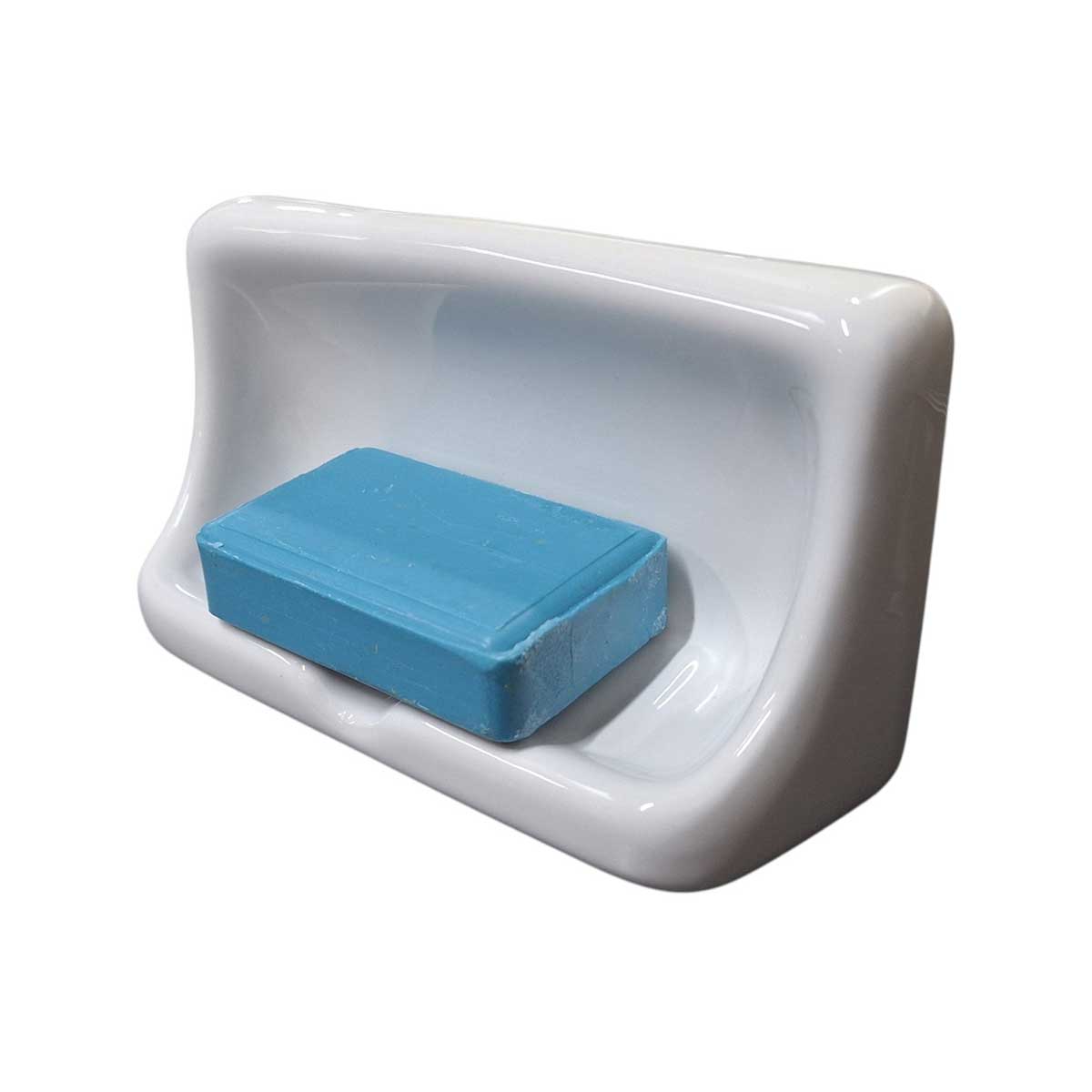 Ceramic Mini Soap Dish White Glossy Back Mounting View with mini blue soap