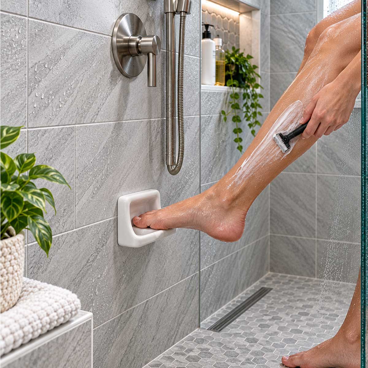 Ceramic mini soap dish used as a foot rest for shaving legs