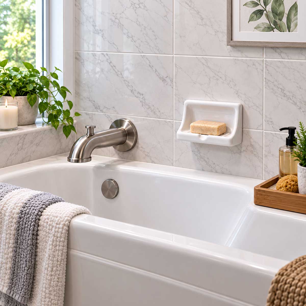 Ceramic Mini Soap Dish installed above bathtub