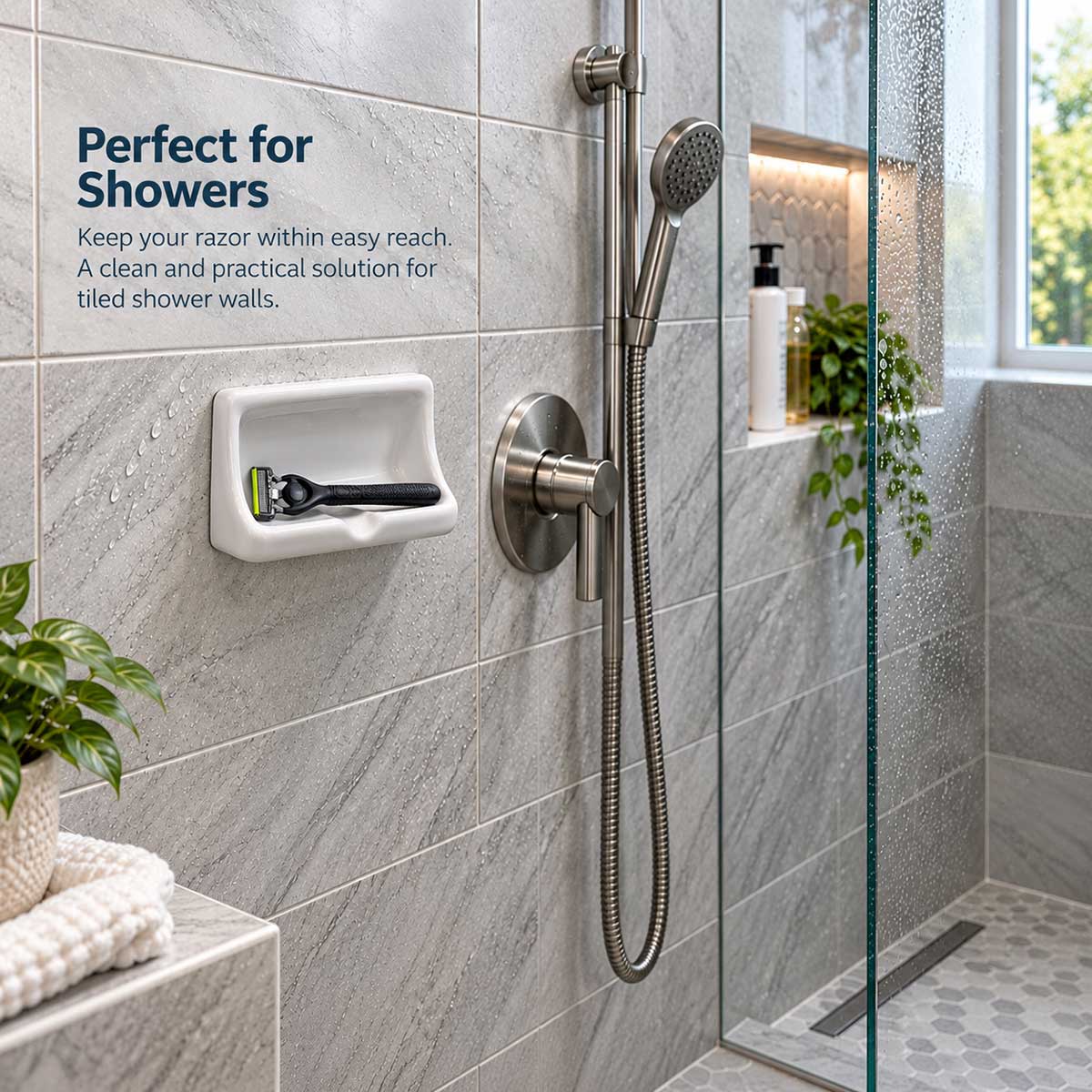 Ceramic Mini Soap Dish installed inside a shower showing mini soap dish with razor