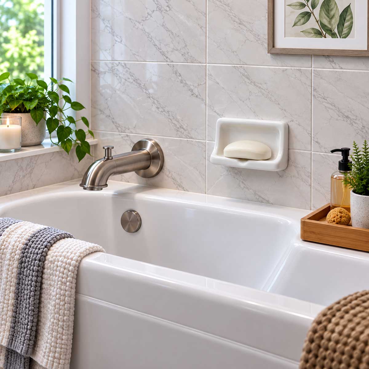 Ceramic Mini Soap Dish White Glossy over bathtub Installation