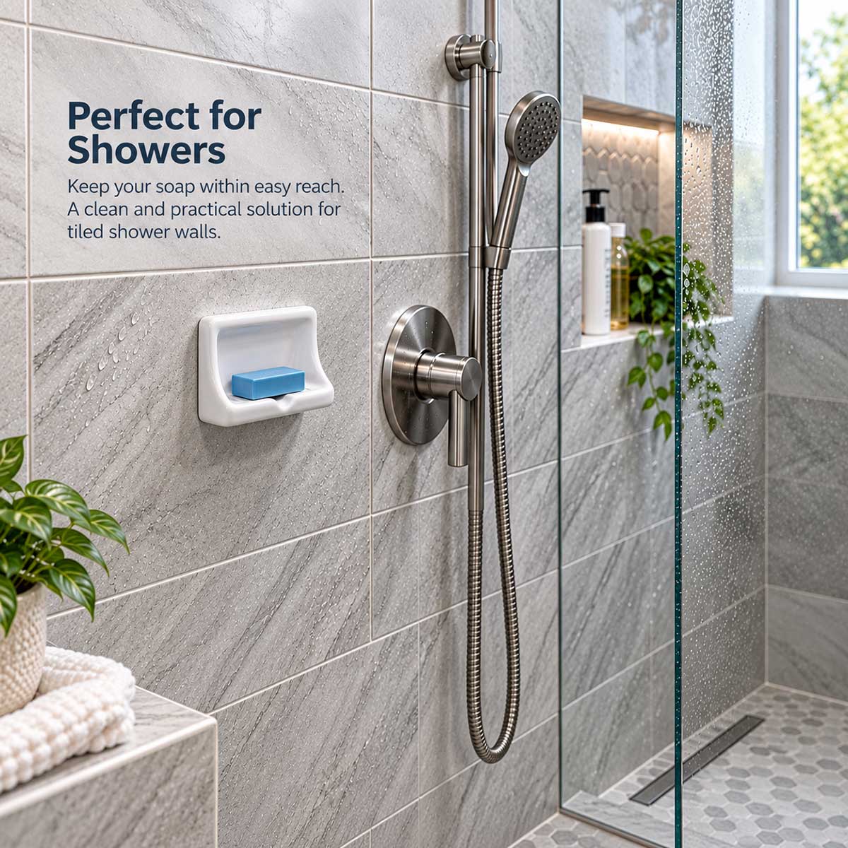 Ceramic Mini Soap Dish White Glossy in shower Installation