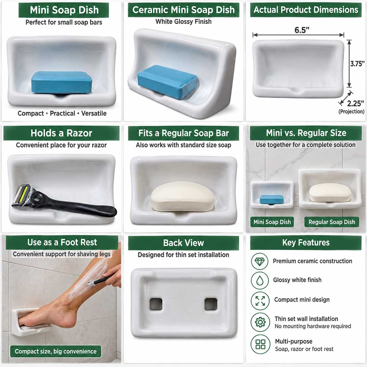 Ceramic mini soap dish white glossy thin set wall mount