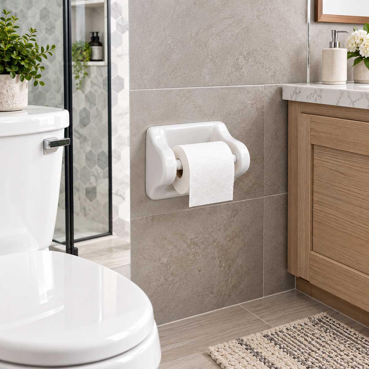Ceramic Toilet Paper Holder White Glossy installed on bathroom tile wall
