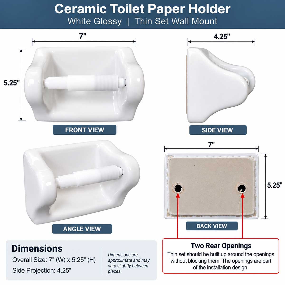 Ceramic Toilet Paper Holder dimensions 7 x 5.25 inches with 4.25 inch projection