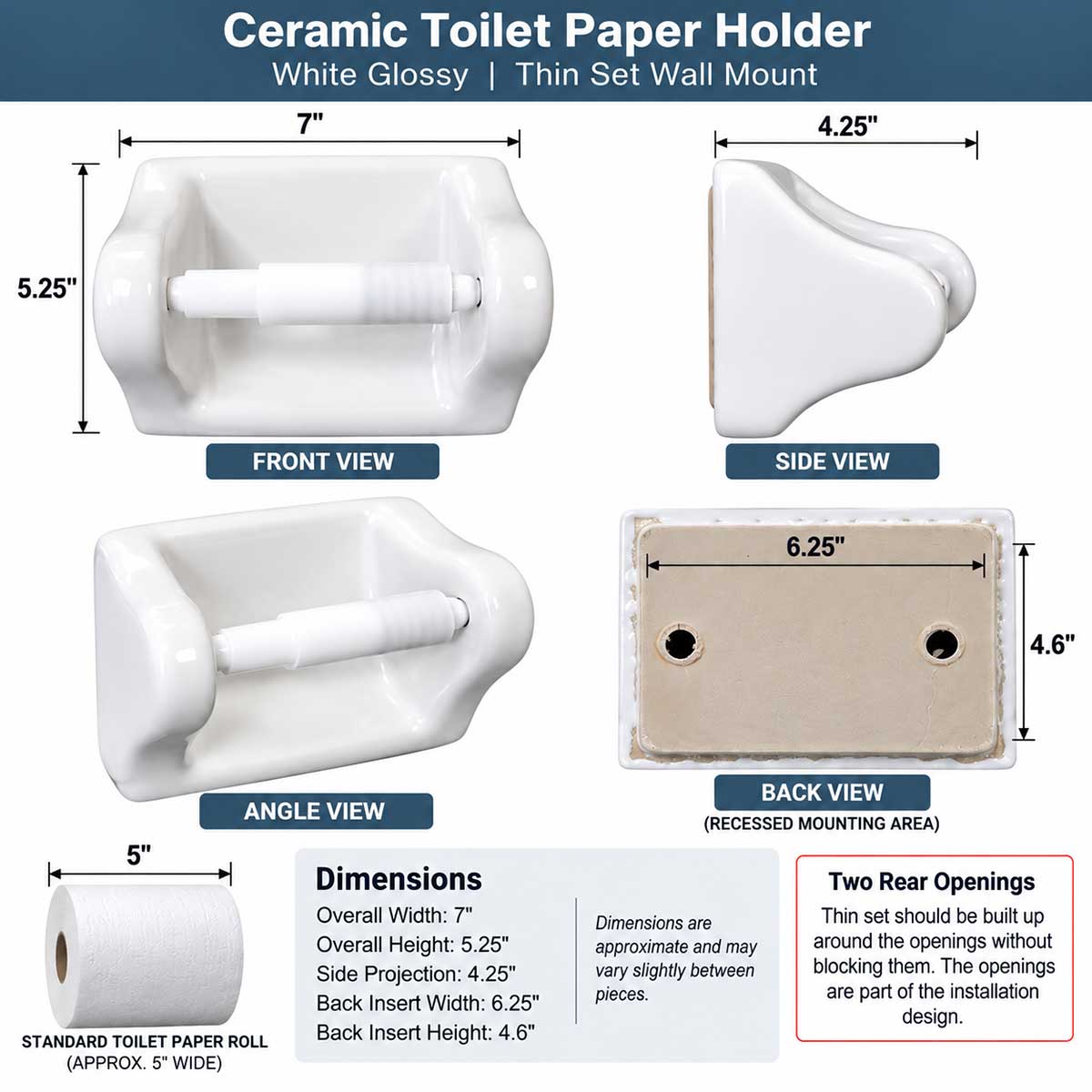 Ceramic Toilet Paper Holder dimensions 7 x 5.25 inches with 4.25 inch projection