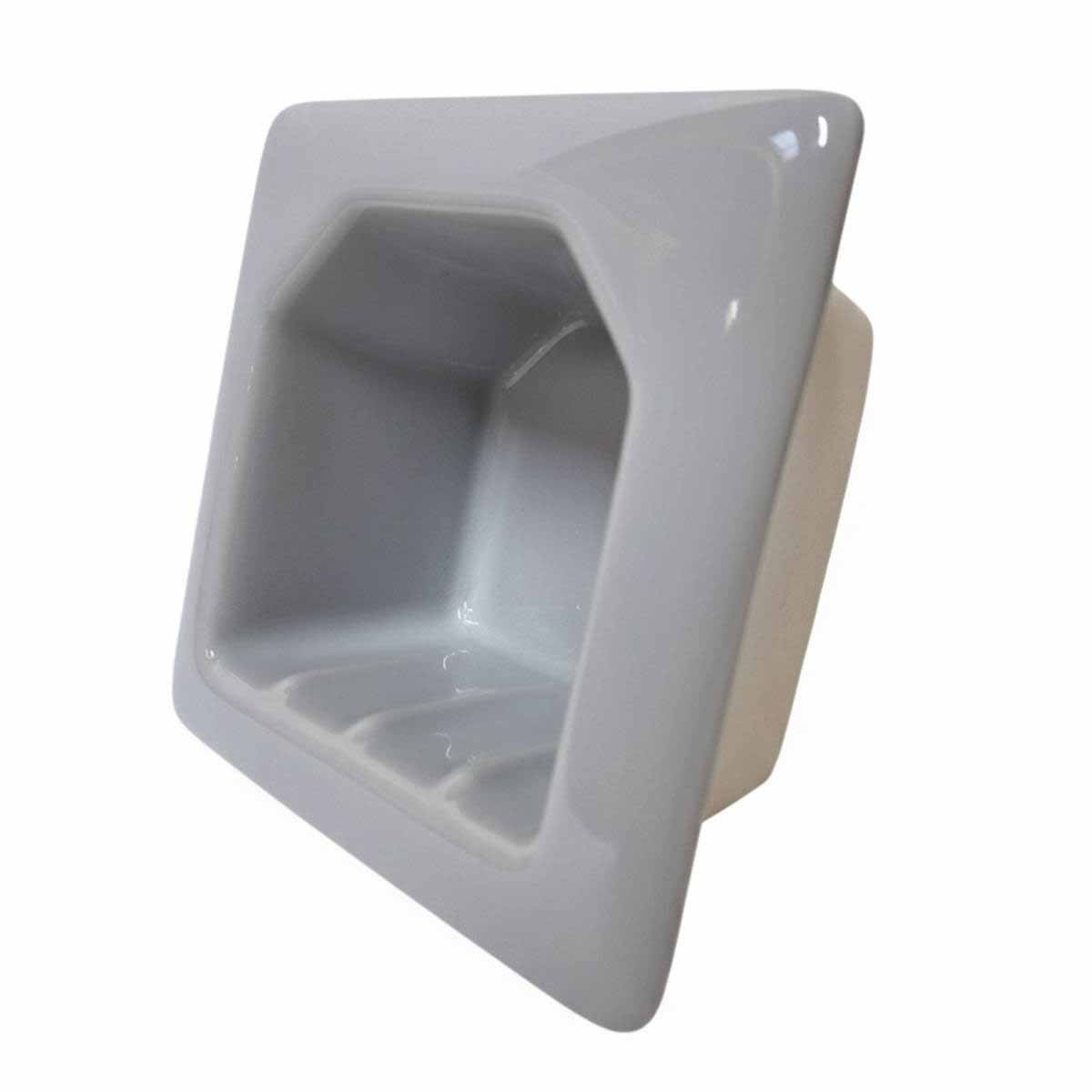 SereneDrains Porcelain Recessed Soap Dish Grey Glossy 5x5 Hotel Holder Shower Wall Mount Tray