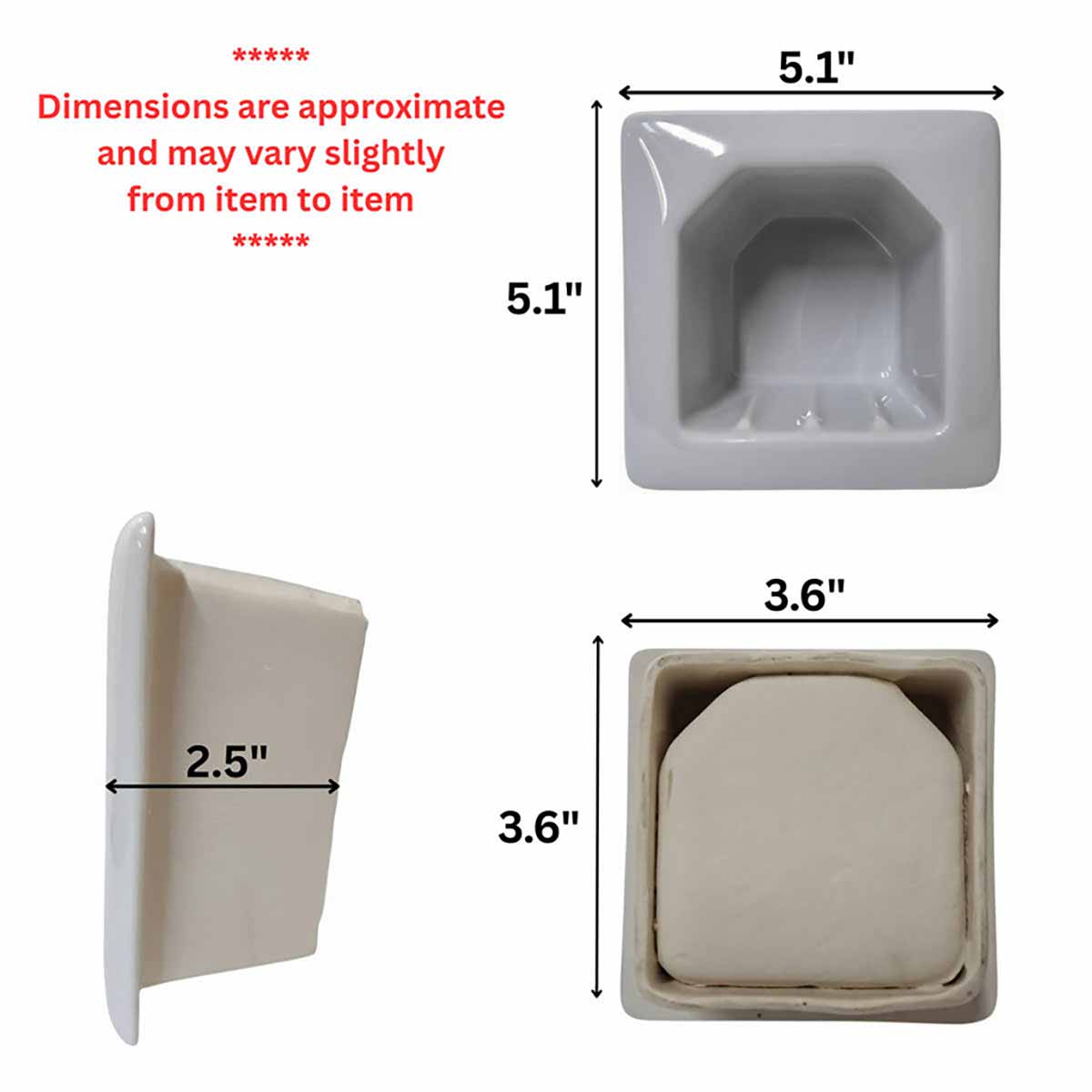 SereneDrains Porcelain Recessed Soap Dish Grey Glossy 5x5 Hotel Holder Shower Wall Mount Tray