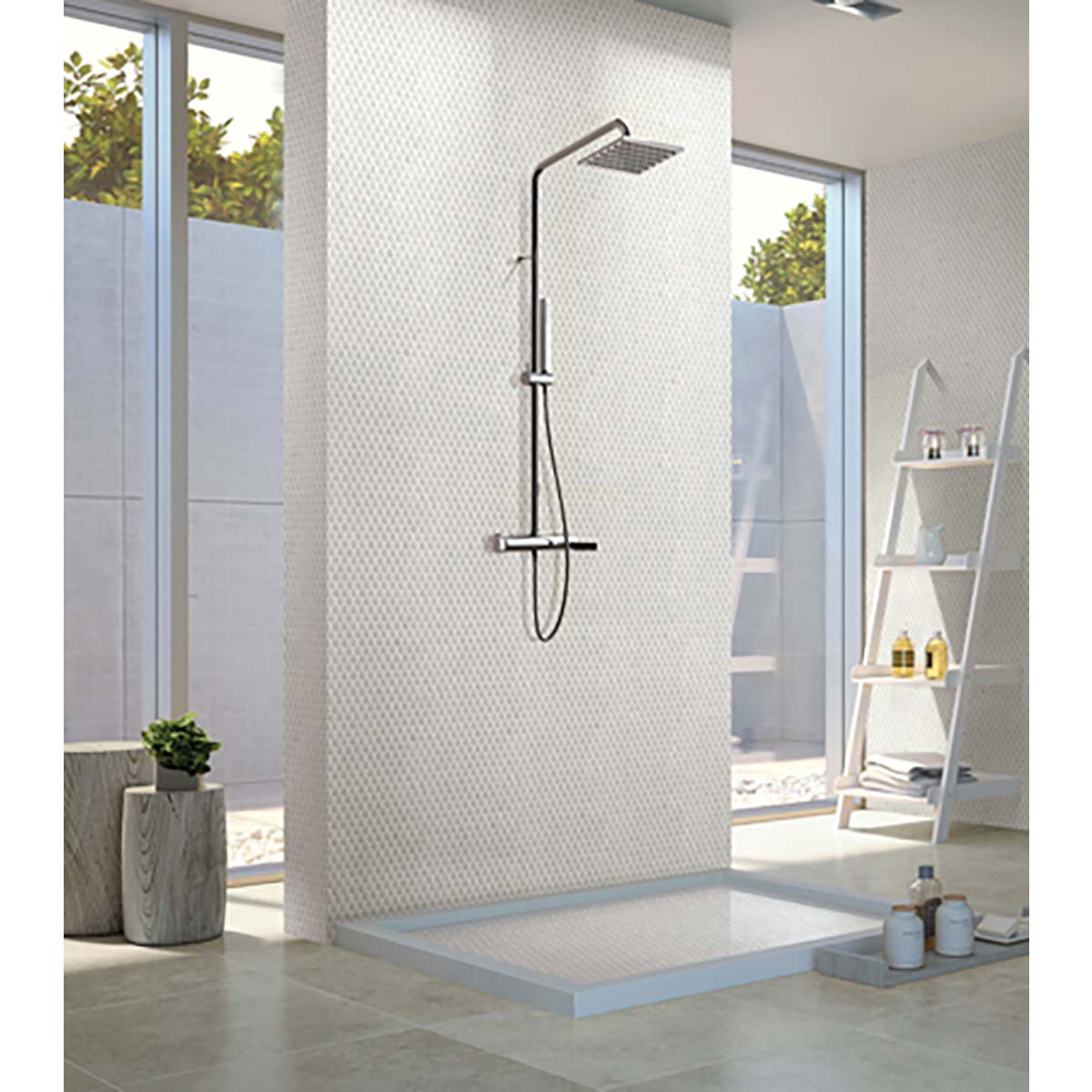 Modern shower setup with tiled walls and a glass door