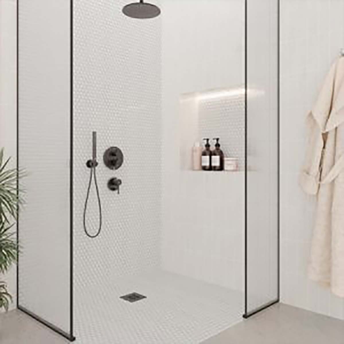 Modern shower with glass enclosure, black fixtures, and a plant in the corner.