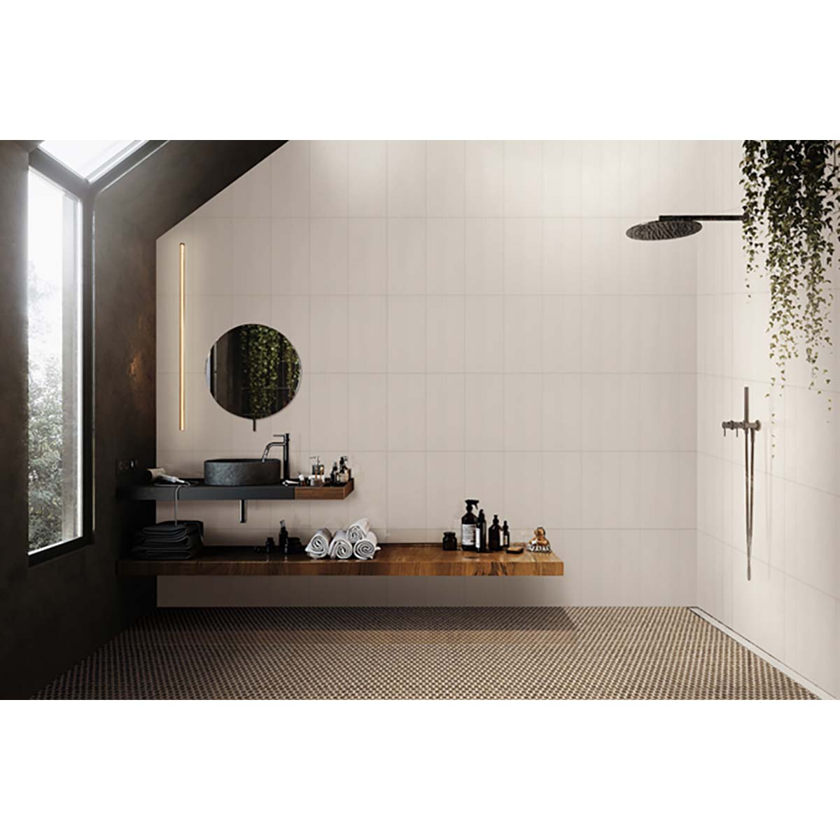Modern bathroom with a sink, mirror, and shower area over Hexagon Porcelain Mosaic Tile - Rustic Sunset