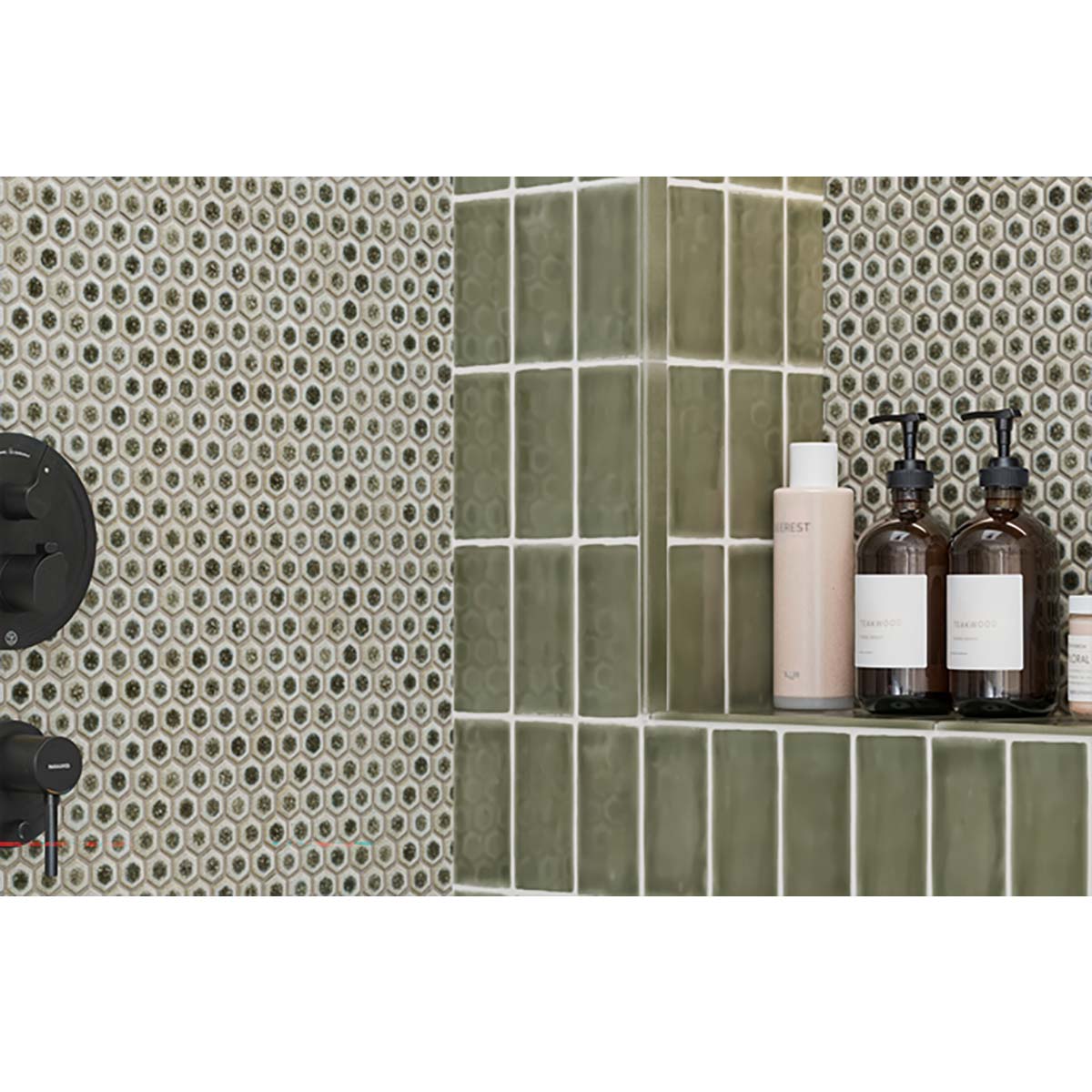 Bathroom setting with Hexagon Porcelain Mosaic Tile - Sage Green and shelves holding skincare products.