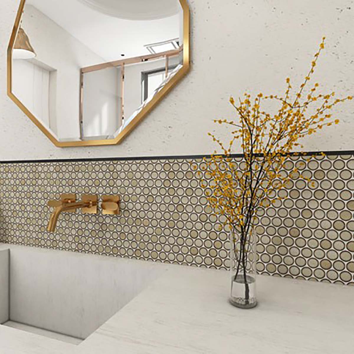 Penny Round Porcelain Mosaic Tile Spiced Matcha - Shower Tile