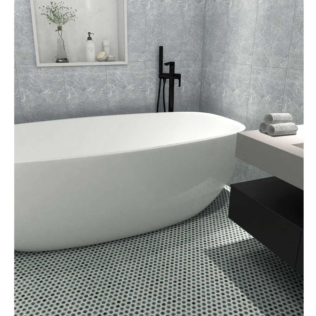 Modern bathroom with a freestanding bathtub, gray walls, and black and white with Penny Round Porcelain Mosaic Tile - Sage Green