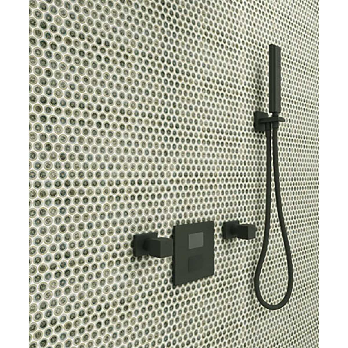 Black shower head and control panel mounted on a Penny Round Porcelain Mosaic Tile - Sage Green
