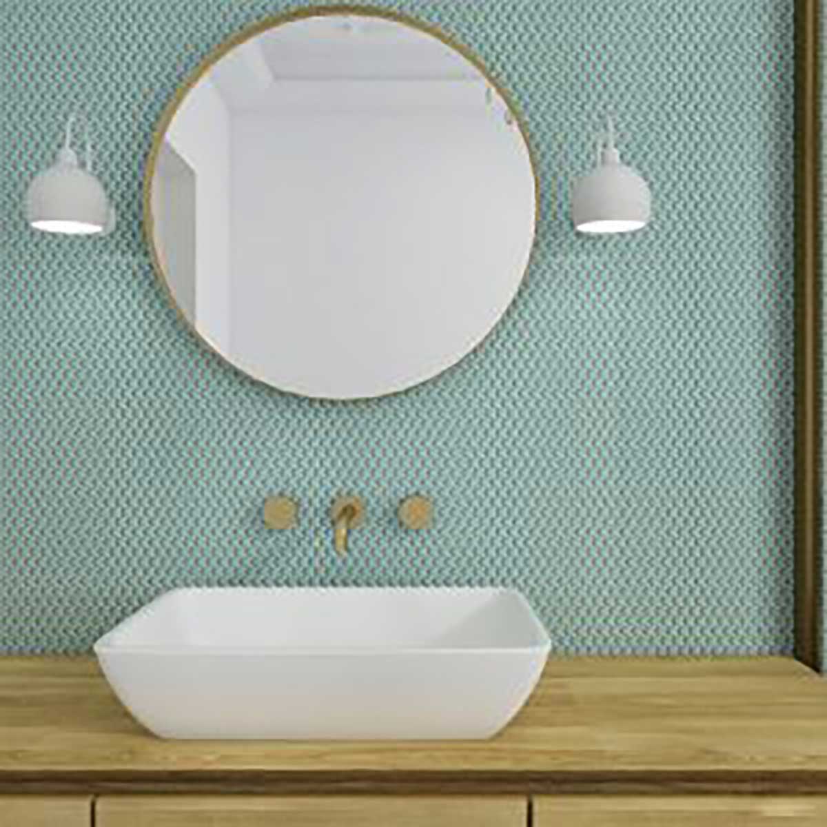 Bathroom with round mirror, white sink, and Penny Round Porcelain Mosaic Tile - Mint Rose
