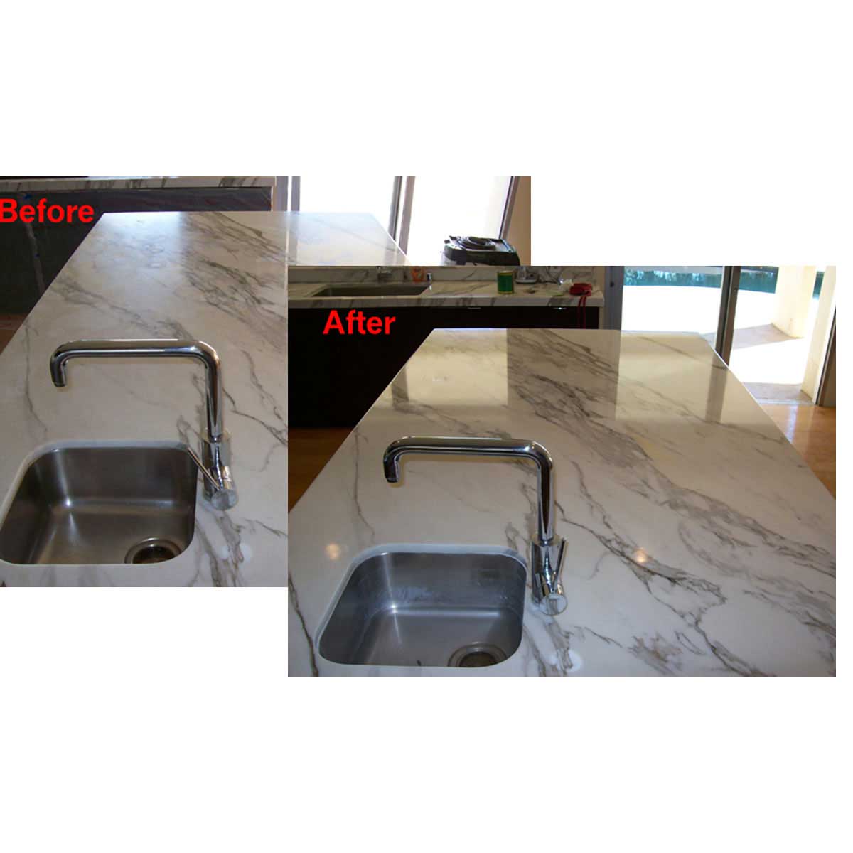 Cheetah diamond pad restoring etched marble countertop surface