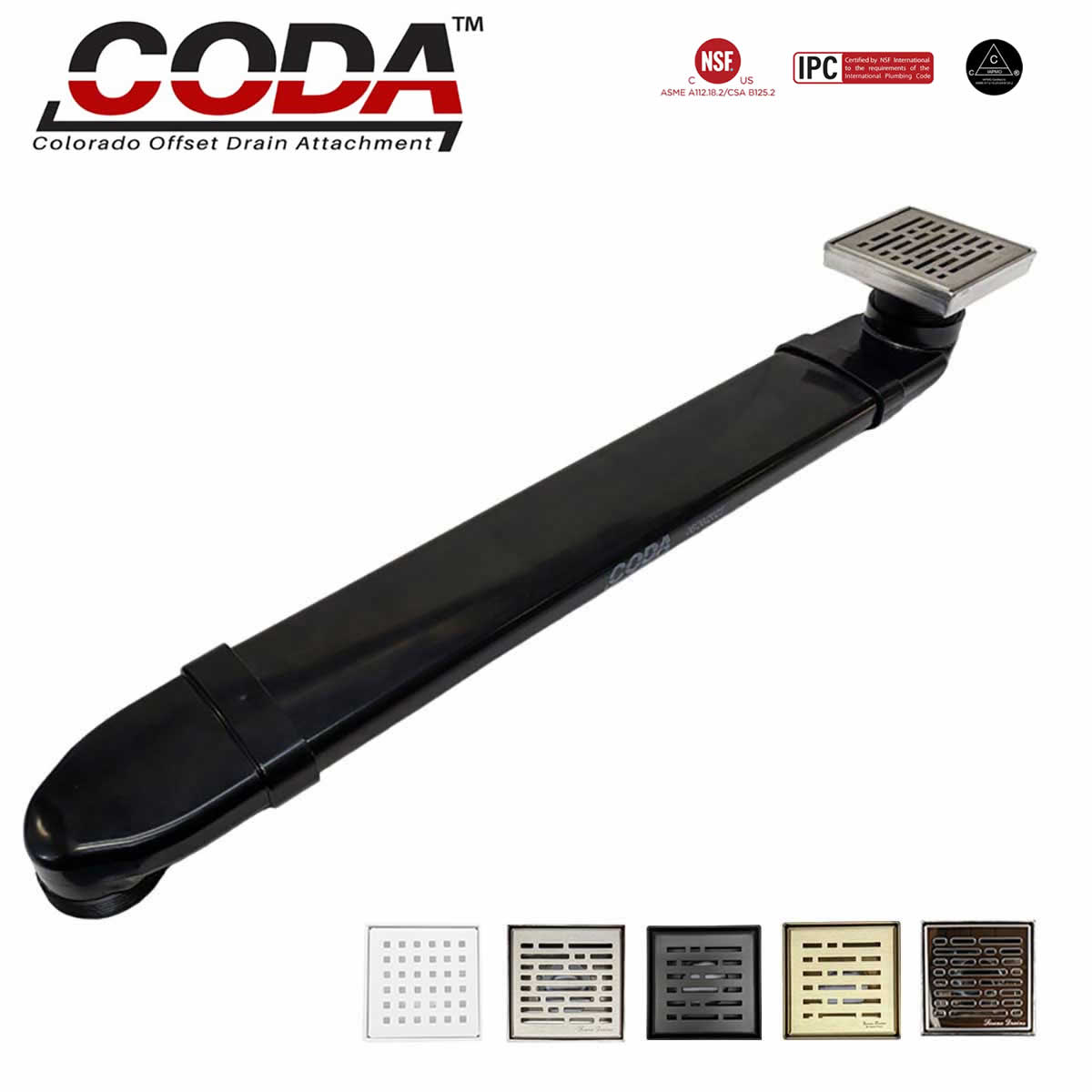 CODA-B shower drain relocator installed with brushed nickel square shower drain