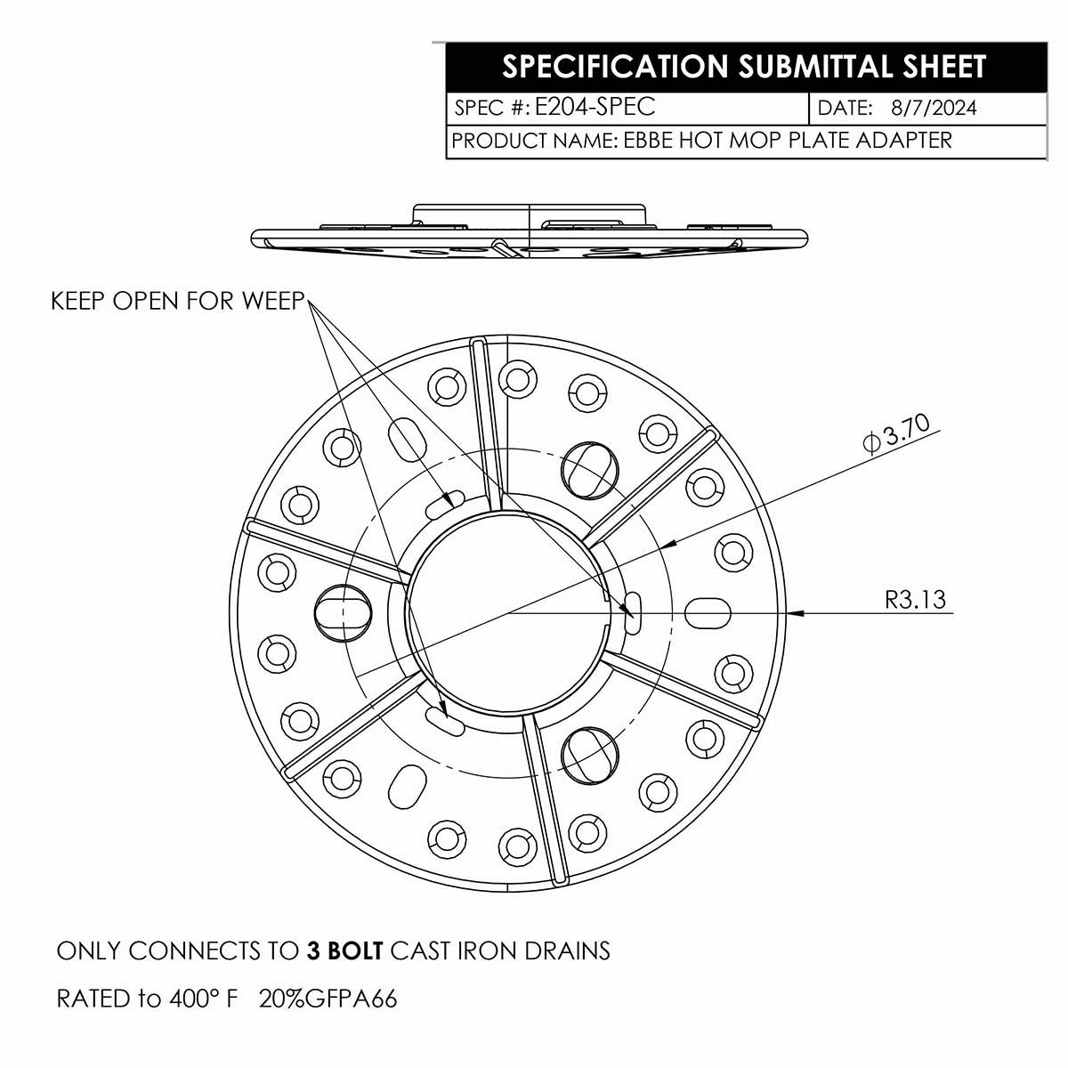 Technical drawing of a hot mop plate adapter with specifications and dimensions.