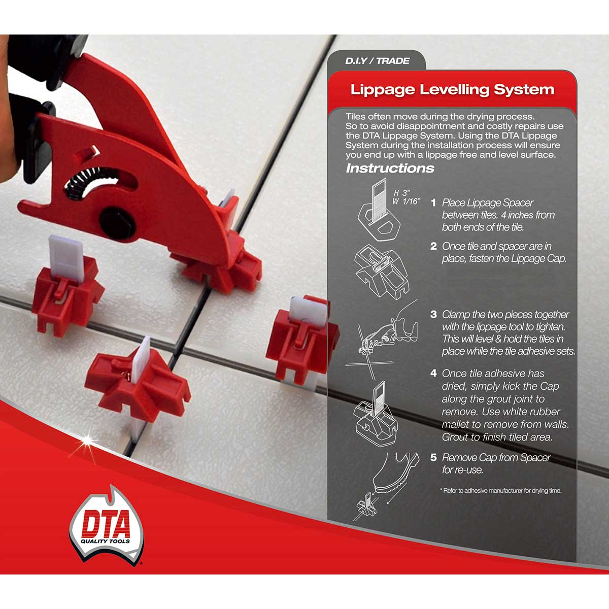 DTA lippage leveling system tool with instructions on a tiled floor background