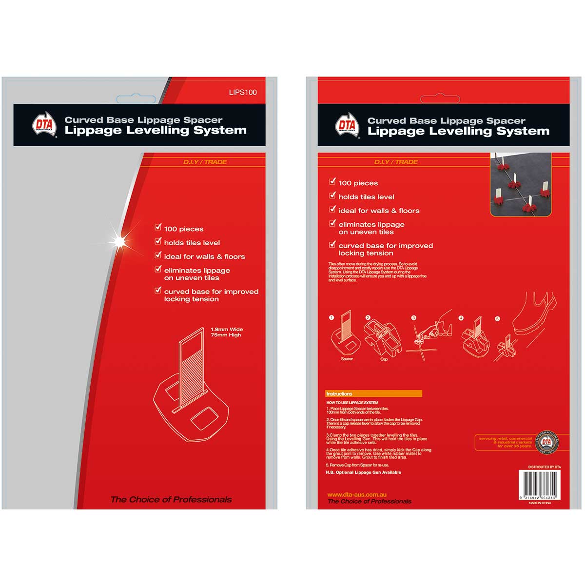 Two packages of a curved base DTA lippage spacer leveling system on a white background.