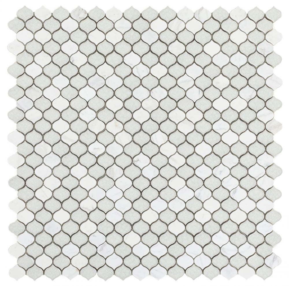 Mosaic Crackle Glass and Marble Tile Arabesque Shape - Carrara